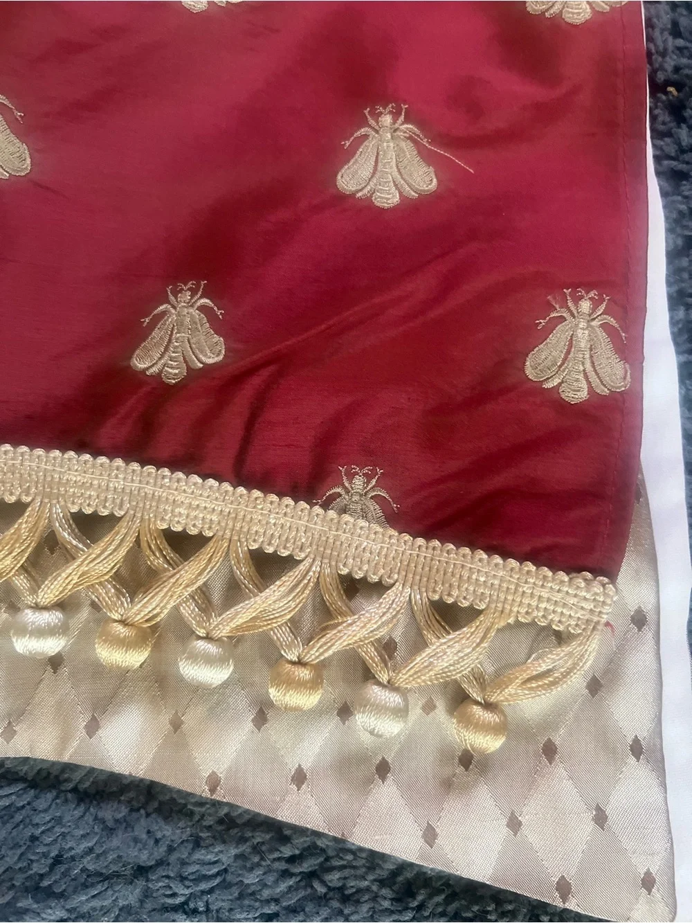Pair Pure Silk Empire Valances Embroidered Gold Bees Scalloped Fringe
